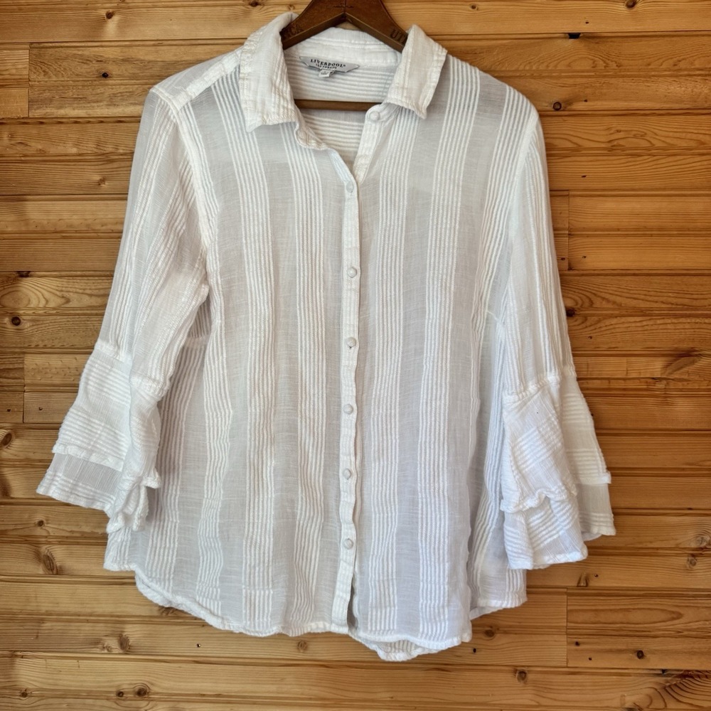 Liverpool Shirt White Collared Ruffle Sleeve Button Down Cotton Large